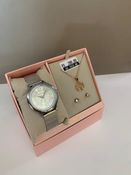 Kit Relógio Condor Feminino Prateado Mostrador Prateado com Cristais Pulseira Milanese Á Prova D'água CO2035NCL/K4K Kit Relógio Condor Feminino Prateado Mostrador Prateado com Cristais Pulseira Milanese Á Prova D'água CO2035NCL/K4K
