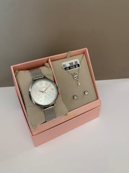 Kit Relógio Condor Feminino Prateado Mostrador Prateado com detalhes em rose Coração Pulseira Milanesa  Á Prova D'água CO2035NTI/K4K