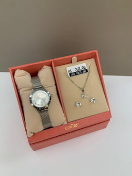 Kit Relógio Condor Feminino Prateado Pulseira Milanese Á Prova D'água CO2035NHX/K4K