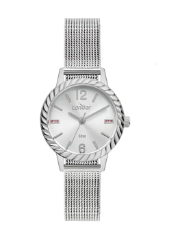 Kit Relógio Condor Feminino Prateado Pulseira Milanese Á Prova D'água CO2035NPN/K4K