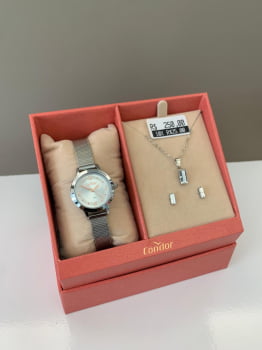Kit Relógio Condor Feminino Prateado Pulseira Milanese Á Prova D'água CO2035NPV/K4B