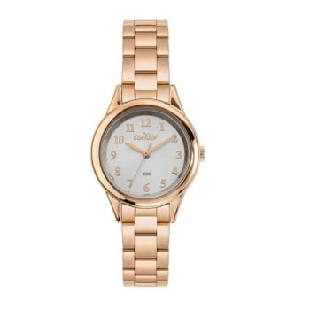 Kit Relógio Condor Feminino Rosé Mostrador Prateado Todo Numerado Á Prova D'água CO2035OAJ/K4K