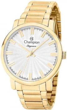 Kit Relógio Champion Elegance  Feminino Dourado Visor Prateado Texturizado Á Prova d'água CN26037W