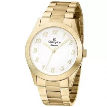Kit Relógio Champion Elegance Feminino Dourado Todo Numerado Visor Branco Texturizado Á Prova d'água CN26484W