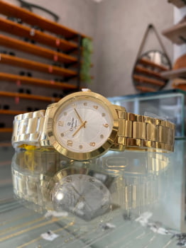 Kit Relógio Champion Elegance Feminino Dourado com Cristais Visor Branco Á Prova d'água CN26573W