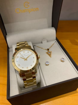 Kit Relógio Champion Elegance Feminino Dourado com Cristais Visor Branco Á Prova d'água CN26573W