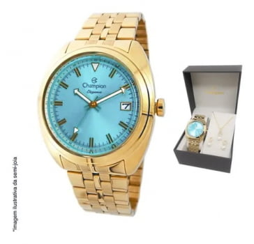 Kit Relógio Feminino Champion Dourado Com Visor azul - CN27689Y