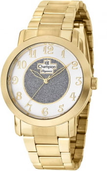 Kit Relógio Champion Elegance Feminino Dourado Todo Numerado Visor Prateado com Glitter Á Prova d'água CN26466W