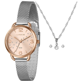 Kit Relógio Feminino Lince Bicolor Rosé e prateado Pulseira milanese Visor Rosegold Á prova D'água LRTH274L32