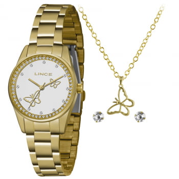 Kit Relógio Feminino Lince Dourado Borboletas Presente LRGJ113L