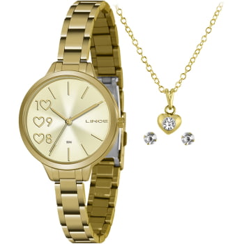 Kit Relógio Lince Feminino Dourado Visor Champanhe com Coração á Prova D'água LRG4698L