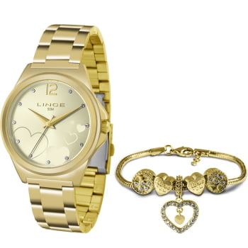 Kit Relógio Lince Feminino Dourado Visor dourado com Coração e Cristais á prova d água LRG4560L