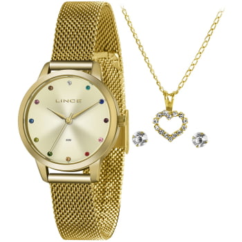 Kit Relógio Feminino Lince Dourado com Cristais Coloridos possui Pulseira Milanese Á Prova D'água LRG4702L