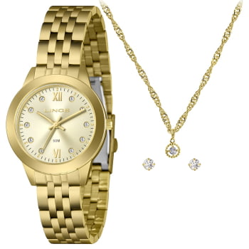 Kit Relógio Feminino Lince Dourado com Cristais Visor Champanhe Á Prova D'água LRG4843L34 Kit Relógio Feminino Lince Dourado com Cristais Visor Champanhe Á Prova D'água LRG4843L34