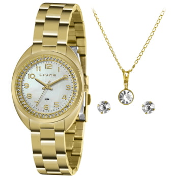 Kit Relógio Feminino Lince Dourado com Numeração Completa Cristais no visor Presente  LRG4679L