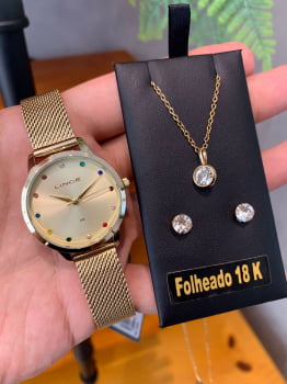 kit Relógio Feminino Lince Dourado com Pedras e Pulseira Milanese LRG4702L