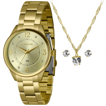 Kit Relógio Lince Feminino Dourado com Visor Champanhe e Cristais Á Prova d'água LRG4746L40