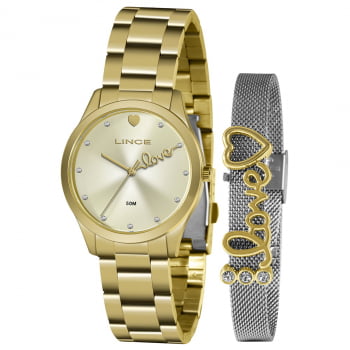 Kit Relógio Feminino Lince Dourado com Pedras Presente LRG4668L