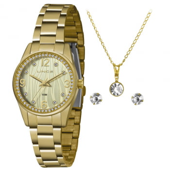 Kit Relógio Feminino Lince Dourado com Pedras Presente  LRG4669L