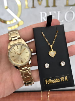 Kit Relógio Feminino Lince Dourado com Pedras Presente LRGJ110L