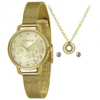 Kit Relógio Feminino Lince Dourado Com Pulseira Milanesa Presente LRGJ141L