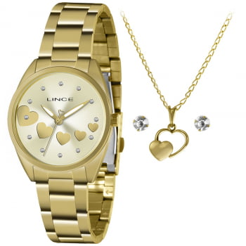 Kit Relógio Feminino Lince Dourado Coração LRGH156L