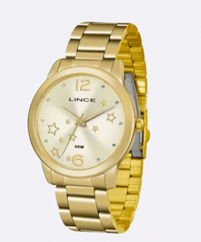 Kit Relógio Feminino Lince Dourado Estrelas Pedras Presente LRGH092L