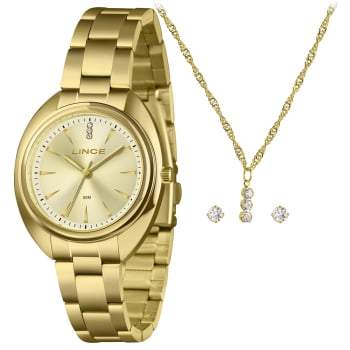 Kit Relógio Feminino Lince Dourado Minimalista Cristais no Visor Presente Á Prova D'água LRGM049L36