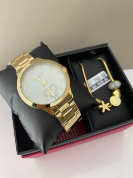 Kit Relógio Feminino Lince Dourado Numeração completa  Possui Cristais no Visor formato de Coração Á Prova d'água LRG4454L