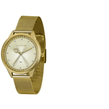 Kit Relógio Feminino Lince Dourado Possui Cristais no Visor com Pulseira Milanesa Á Prova d'água LRG4666L 