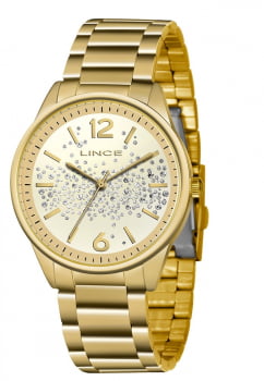 Relógio Feminino Lince Dourado Pedras Presente LRGH106L