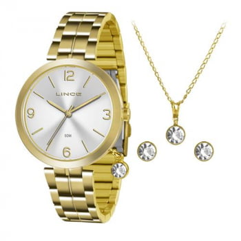 Kit Relógio Feminino Lince Dourado Presente LRG4458L