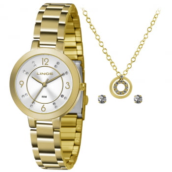 Kit Relógio Feminino Lince Dourado Presente LRG4516L