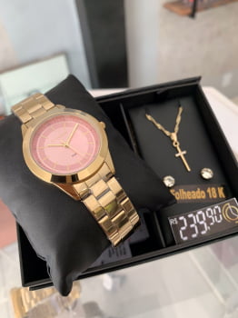 Kit Relógio Lince Feminino Dourado Presente Á prova d água  LRG4745L34
