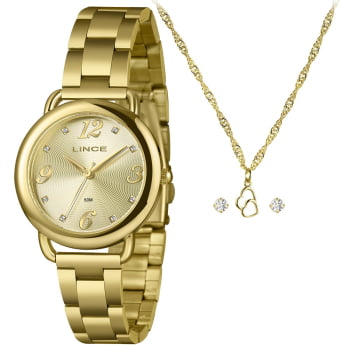 Kit Relógio Feminino Lince Dourado Visor Champanhe com Cristais Á Prova D'água LRGM062L36