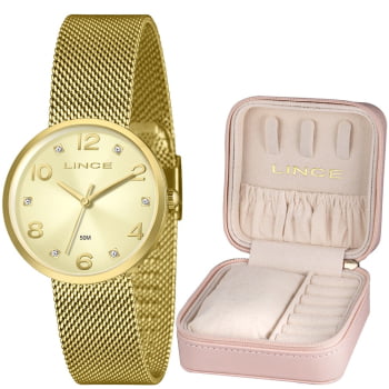 Kit Relógio Feminino Lince Dourado Visor Champanhe Com Cristais Pulseira Milanesa Á Prova D'água LRGH281L36 Kit Relógio Feminino Lince Dourado Visor Champanhe Com Cristais Pulseira Milanesa Á Prova D'água LRGH281L36