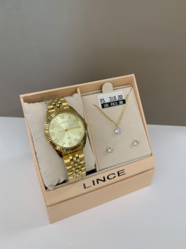 Kit Relógio Feminino Lince Dourado Visor Champanhe Todo Numerado Á Prova D'água LRGM063L36