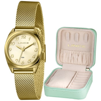 Kit Relógio Feminino Lince Dourado Visor Champanhe Todo Numerado Pulseira Milanesa Á Prova D'água LRGH279L30 Kit Relógio Feminino Lince Dourado Visor Champanhe Todo Numerado Pulseira Milanesa Á Prova D'água LRGH279L30