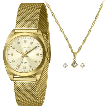 Kit Relógio Feminino Lince Dourado Visor Dourado com Cristais Pulseira Milanesa Á Prova D'água LRGH276L34 Kit Relógio Feminino Lince Dourado Visor Dourado com Cristais Pulseira Milanesa Á Prova D'água LRGH276L34
