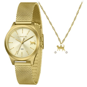 Kit Relógio Feminino Lince Dourado Visor Dourado com Gatinho Pulseira Milanesa Á Prova D'água LRGH277L34 Kit Relógio Feminino Lince Dourado Visor Dourado com Gatinho Pulseira Milanesa Á Prova D'água LRGH277L34