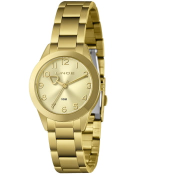 Kit Relógio Feminino Lince Dourado Visor Dourado com Numeração Completa Á Prova D'água LRG4844L34