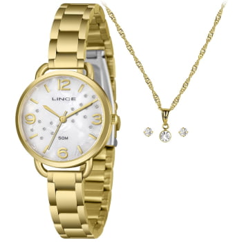 Kit Relógio Feminino Lince Dourado Visor Madrepérola com Cristais Á Prova D'água LRGH274L32