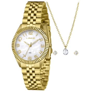 Kit Relógio Feminino Lince Dourado Visor Madrepérola Todo Numerado Á Prova D'água LRGM063L36
