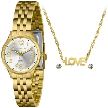 Kit Relógio Feminino Dress Lince Dourado Visor Prateado Á Prova d'água LRGH204L30