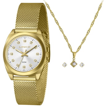 Kit Relógio Feminino Lince Dourado Visor Prata com Cristais Pulseira Milanesa Á Prova D'água LRGH276L34 Kit Relógio Feminino Lince Dourado Visor Prata com Cristais Pulseira Milanesa Á Prova D'água LRGH276L34