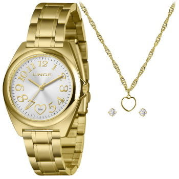 Kit Relógio Feminino Lince Dourado Visor Prata Todo Numerado Detalhe Coração Á Prova D'água LRGM051L38