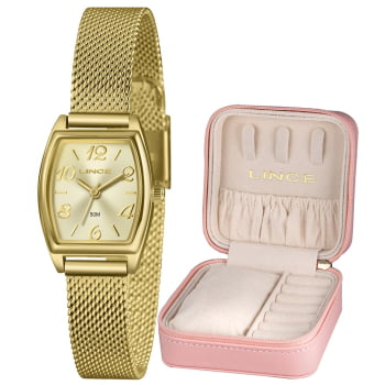 Kit Relógio Feminino Lince Quadrado Dourado Visor Champanhe Pulseira Milanesa LQGH278L22 Kit Relógio Feminino Lince Quadrado Dourado Visor Champanhe Pulseira Milanesa LQGH278L22