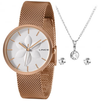 Kit Relógio Feminino Lince Rose Flor com pulseira milanesa LRRH154L 