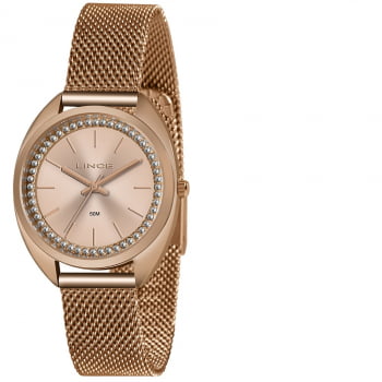 Kit Relógio Feminino Lince Rose com Pedras Pulseira Milanesa  Presente LRR4701L