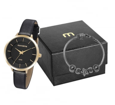 Kit Presente relógio feminino Mondaine dourado e preto com pulseira de couro a prova d´água 76741LPMVDH2K4